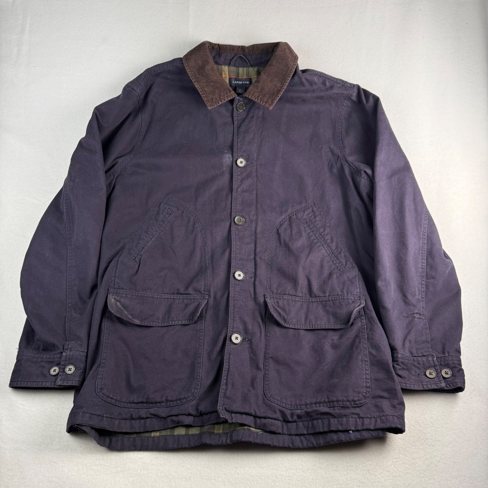 Lands End Mens‎ XL Navy Blue Canvas Barn Jacket Flannel Lined Corduroy Collar
